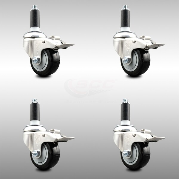 Service Caster 3 Inch 316SS Black Poly Swivel 1 Inch Expanding Stem Caster Set Lock Brake SCC-SS316TTLEX20S314-PPUB-BLK-1-4 - main